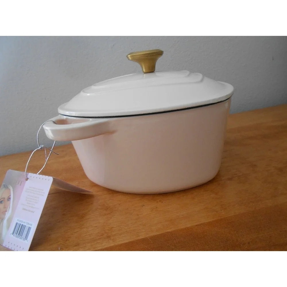Paris Hilton Heart Shaped Cast Iron Dutch Oven Cream White Gold Heart Knob 2qt